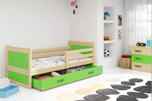 Lit ado simple Rico 90X190 avec matelas et tiroir, pin/vert