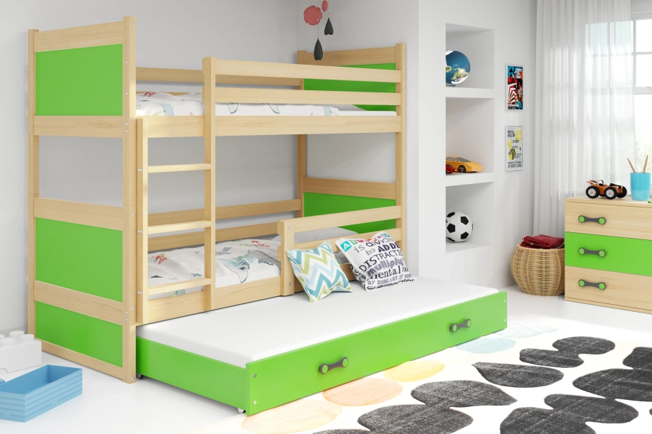 Lit ado superposé 3 places Rico 90X200 avec matelas et tiroir, pin/vert