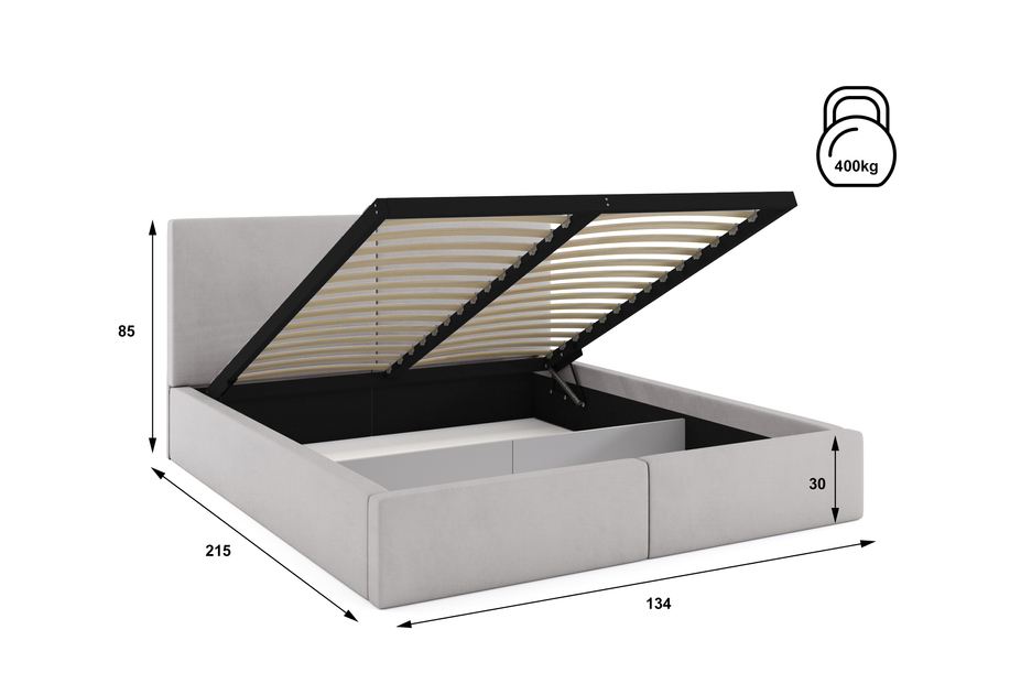 Lit double rembourré Le Hilton 120X200 avec coffre, gris clair