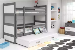 Lit ado superposé 3 places Rico 90X190 avec matelas et tiroir, gris/blanc