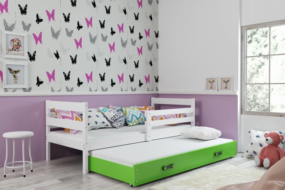 Lit ado gigogne Éric 80X190 avec matelas et tiroir, blanc/vert
