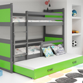 Lit ado superposé 3 places Rico 90X200 avec matelas et tiroir, gris/vert