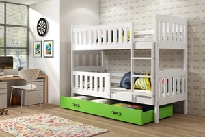 Lit ado superposé Jacquot 90X190 avec matelas et tiroir, blanc/vert