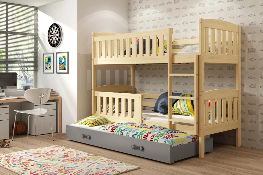 Lit ado superposé 3 places Jacquot 90X190 avec matelas et tiroir, pin/gris