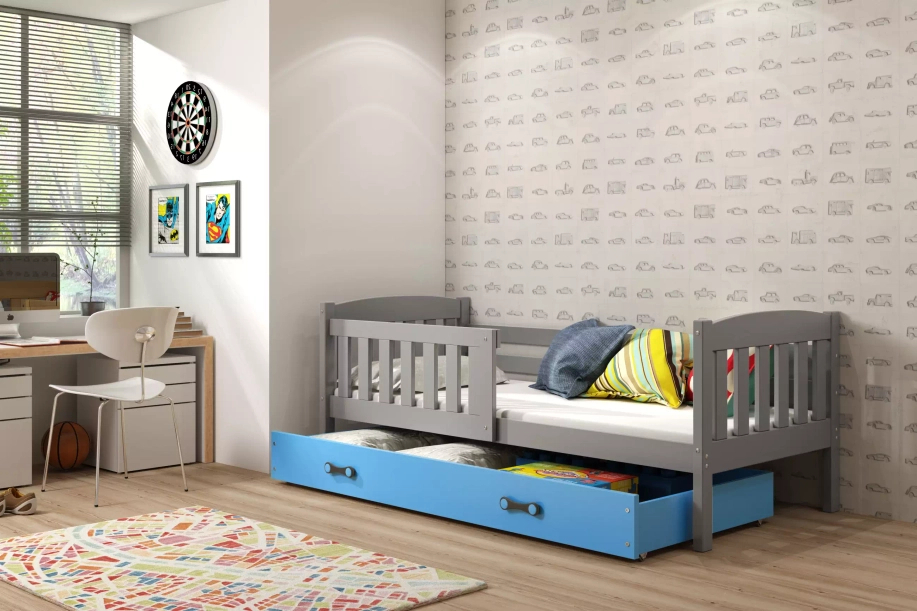Lit enfant simple Jacquot 80X160 avec matelas et tiroir, gris/bleu