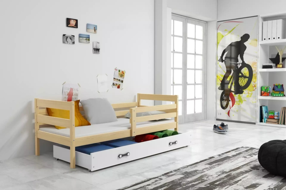 Lit ado simple Éric 90X190 avec matelas et tiroir, pin/blanc