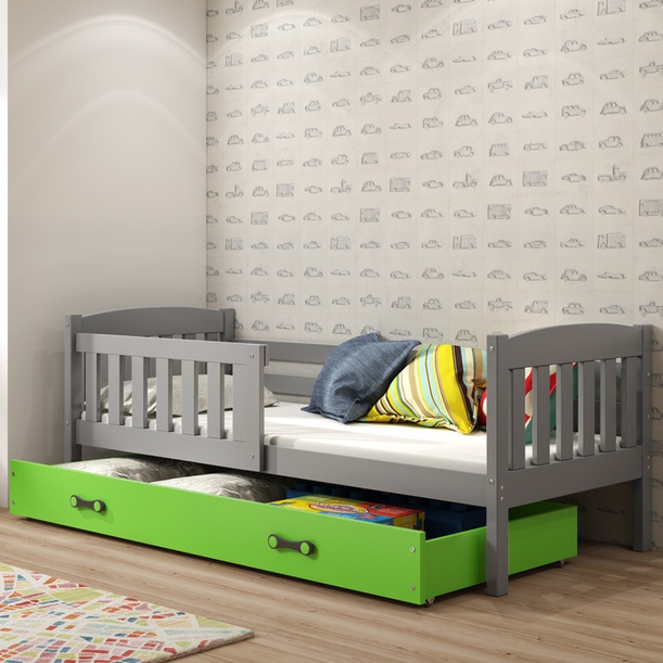 Lit enfant simple Jacquot 80X160 avec matelas et tiroir, gris/vert