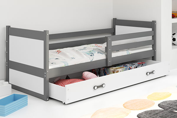 Lit ado simple Rico 90X200 avec matelas et tiroir, gris/blanc