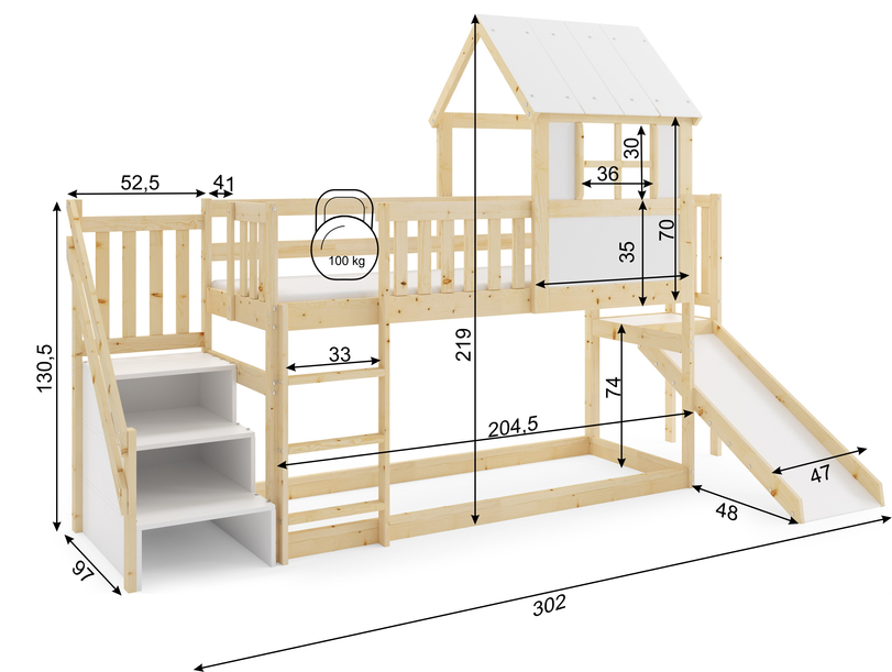 Lit mezzanine cabane avec toboggan, toit et escaliers – mezzanine en bois naturel 90x200