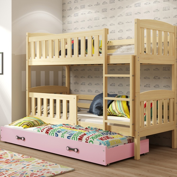 LIT ADOLESCENT SUPERPOSÉ 3 PLACES KUBUS LE CADRE EN PIN LE TIROIR EN ROSE SANS MATELAS 90 X 200