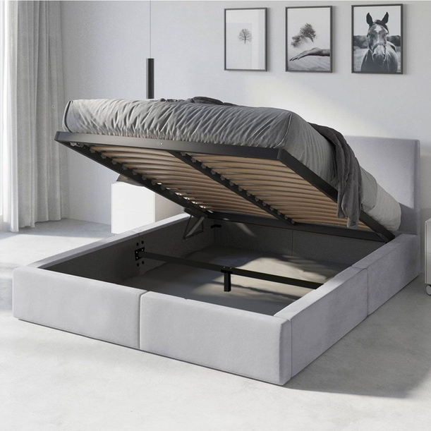 Lit double rembourré Le Hilton 140X200 avec coffre, gris clair