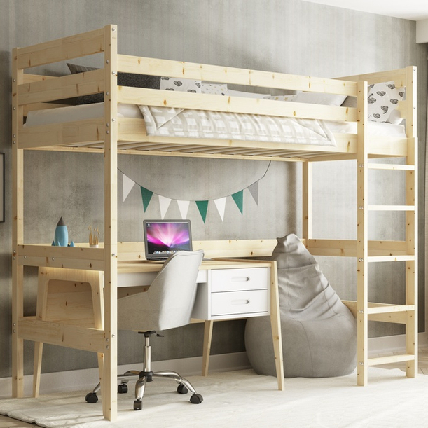 Lit mezzanine pour jeunes – bois naturel 90x200