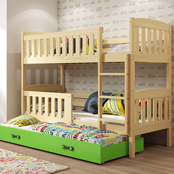 Lit ado superposé 3 places Jacquot 90X190 avec matelas et tiroir, pin/vert