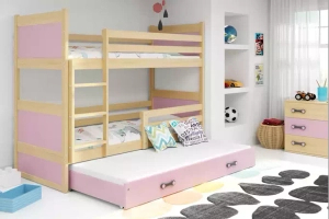 Lit ado superposé 3 places Rico 90X190 avec matelas et tiroir, pin/rose