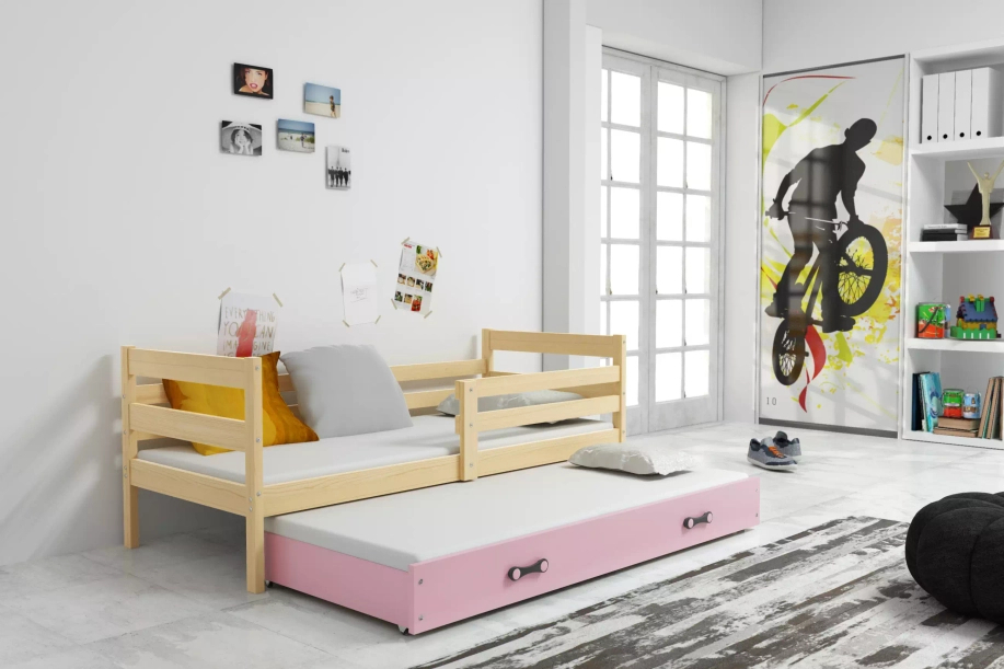Lit ado gigogne Éric 80X190 avec matelas et tiroir, pin/rose