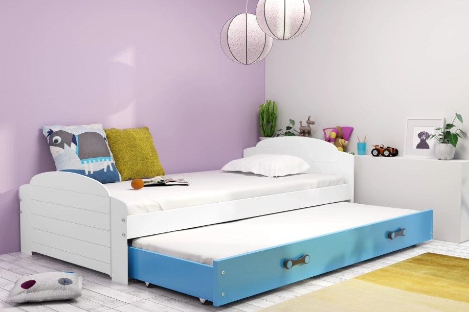 Lit ado gigogne Lili 90X200 avec matelas et tiroir, blanc/bleu