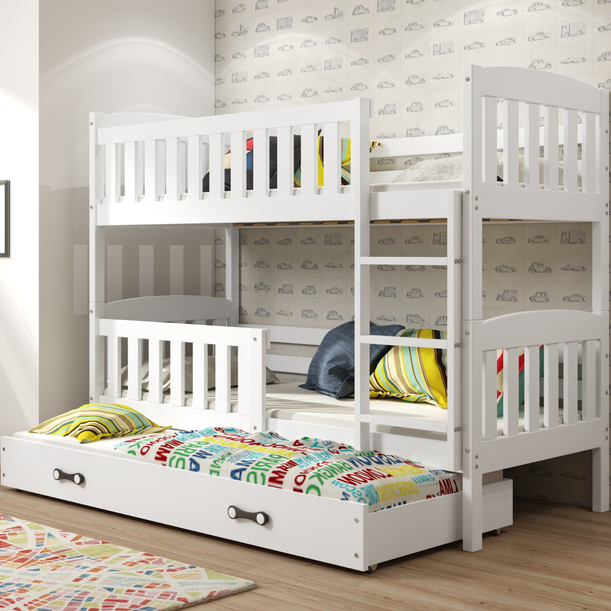 Lit ado superposé 3 places Jacquot 90X190 avec matelas et tiroir, blanc
