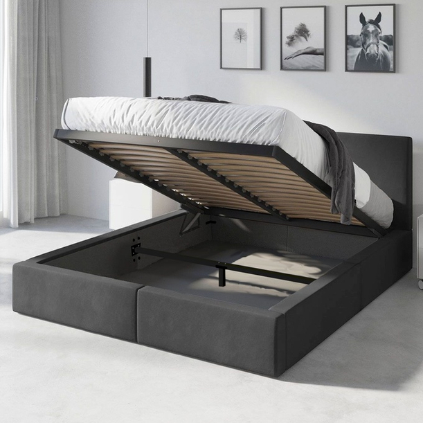 Lit double rembourré Le Hilton 140X200 avec matelas et coffre, graphite