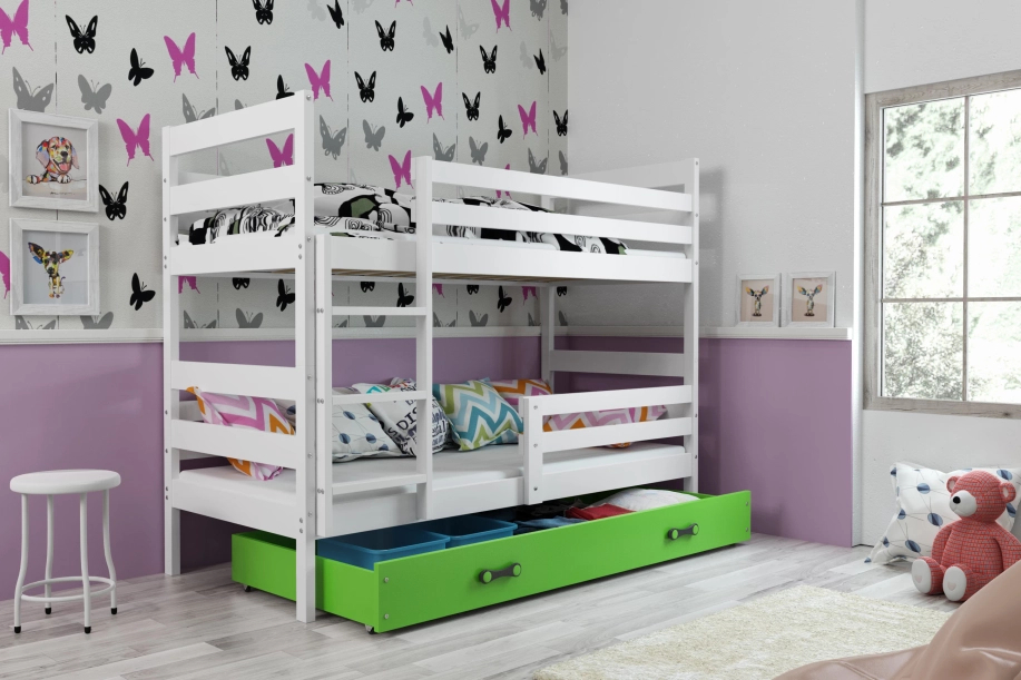 Lit ado superposé Éric 90X200 avec matelas et tiroir, blanc/vert