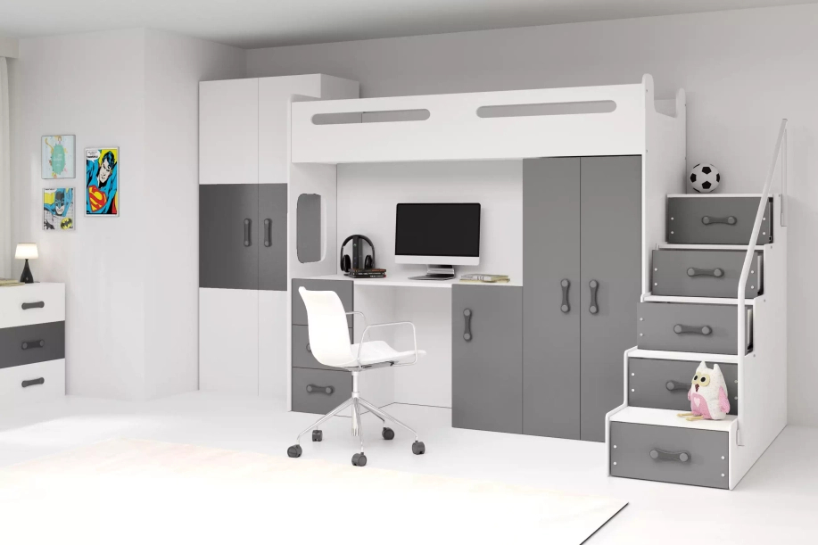 Lit ado simple Max 4 80X200 mezzanine avec bureau, gris