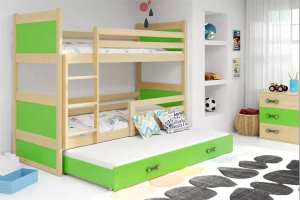 Lit ado superposé 3 places Rico 90X190 avec matelas et tiroir, pin/vert