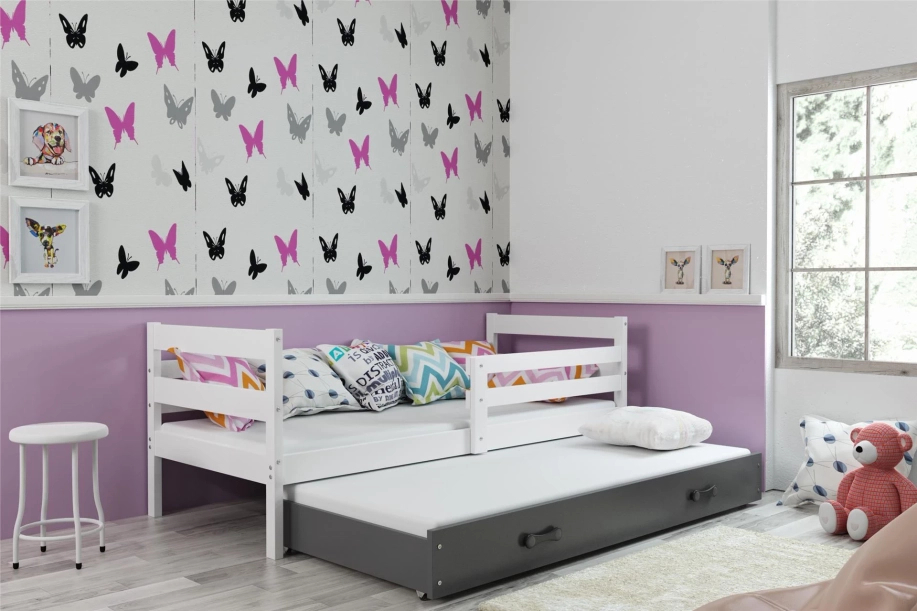 Lit ado gigogne Éric 90X190 avec matelas et tiroir, blanc/gris