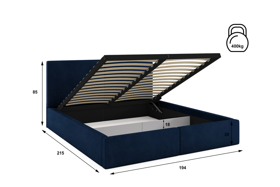 Lit double rembourré Le Hilton 180X200 avec coffre, bleu