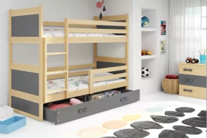 Lit ado superposé Rico 90X190 avec matelas et tiroir, pin/gris