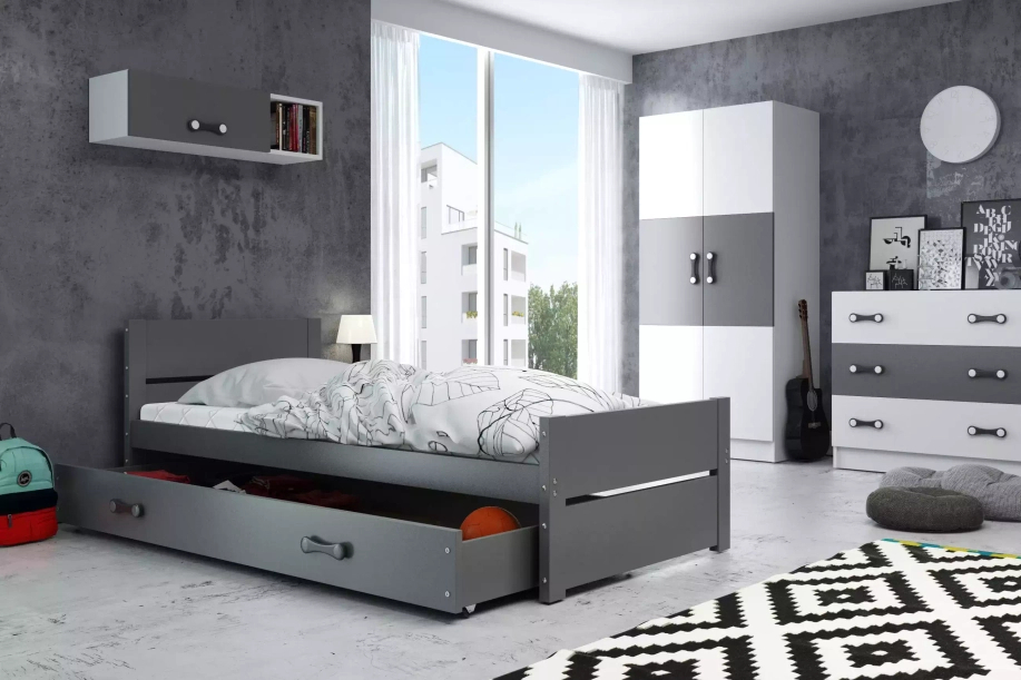Lit ado simple Bart 90X200 avec matelas et tiroir, gris