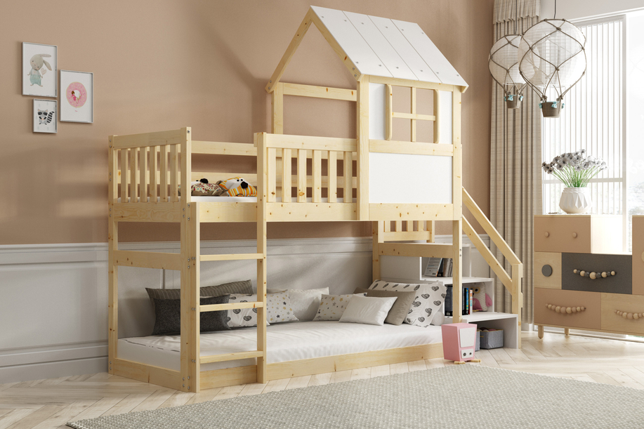 Lit mezzanine cabane avec escaliers et toit – mezzanine en bois naturel 90x200