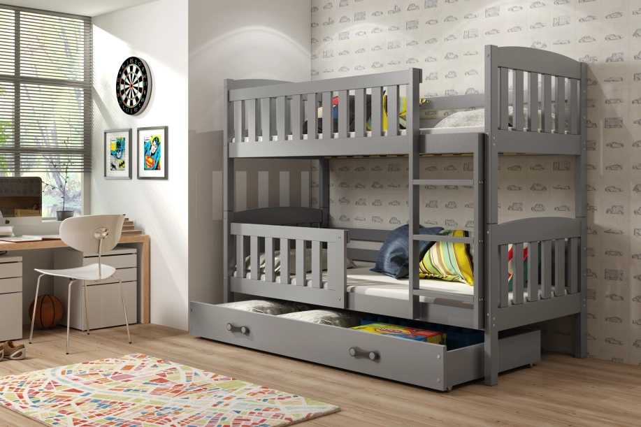 Lit ado superposé Jacquot 90X190 avec matelas et tiroir, gris