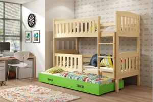 Lit ado superposé 3 places Jacquot 90X190 avec matelas et tiroir, pin/vert
