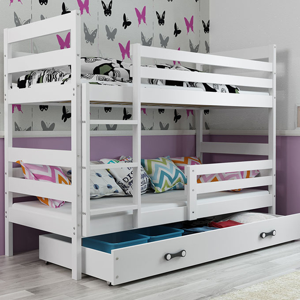 Lit ado superposé Éric 90X200 avec matelas et tiroir, blanc