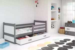 Lit ado simple Rico 90X190 avec matelas et tiroir, gris/blanc