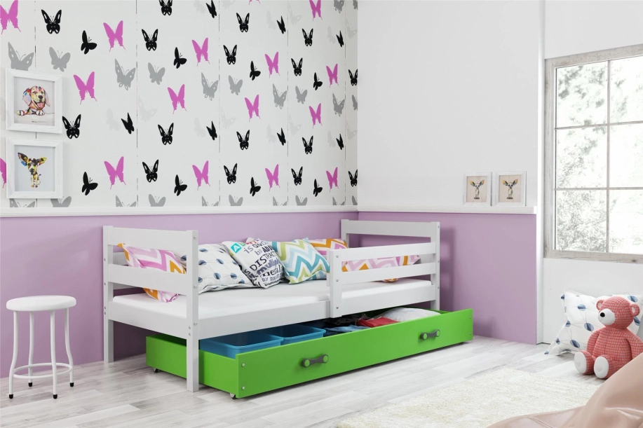 Lit ado simple Éric 90X190 avec matelas et tiroir, blanc/vert