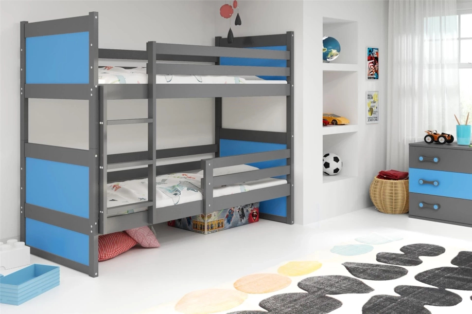 Lit ado superposé Rico 90X190 avec matelas, gris/bleu