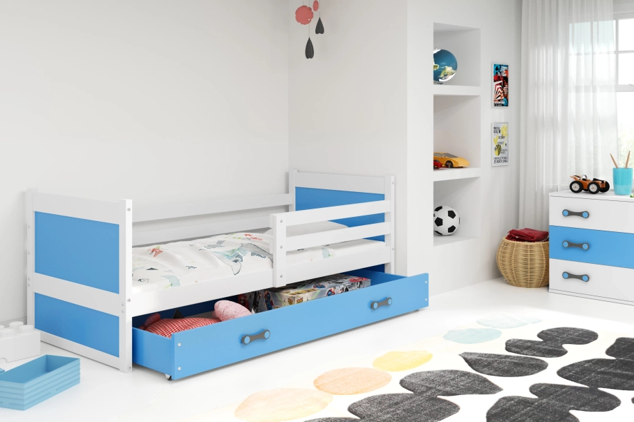 Lit ado simple Rico 80X190 avec matelas et tiroir, blanc/bleu