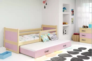 Lit ado gigogne Rico 90X190 avec matelas et tiroir, pin/rose