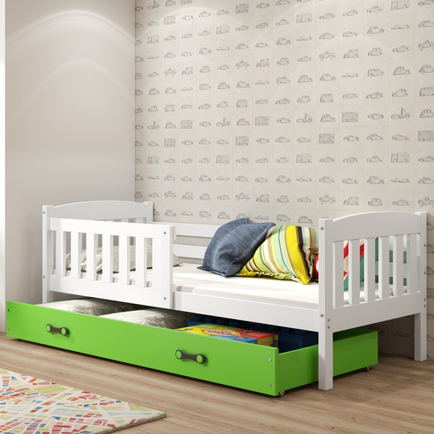 Lit ado simple Jacquot 90X200 avec tiroir, blanc/vert