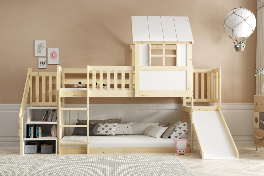 Lit mezzanine cabane avec toboggan, toit et escaliers – mezzanine en bois naturel 90x200