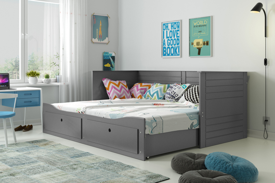 Lit ado gigogne Hermès 80X200 avec matelas et tiroir, gris