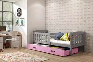 Lit enfant simple Jacquot 80X160 avec matelas et tiroir, gris/rose