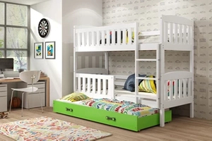 Lit ado superposé 3 places Jacquot 90X190 avec matelas et tiroir, blanc/vert