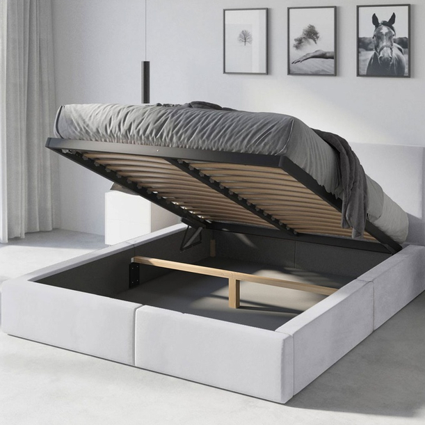 Lit double rembourré Le Hilton 140X200 avec matelas et coffre, blanc