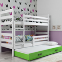 Lit ado superposé 3 places Éric 90X200 avec matelas et tiroir, blanc/vert