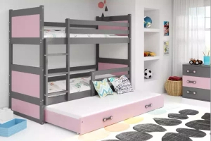 Lit ado superposé 3 places Rico 90X190 avec matelas et tiroir, gris/rose