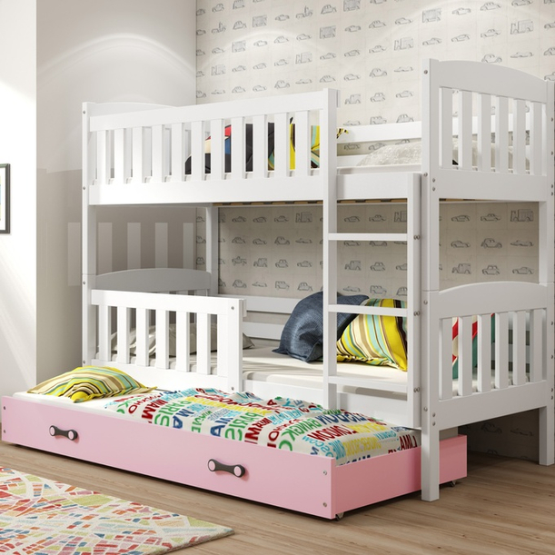 Lit ado superposé 3 places Jacquot 90X190 avec matelas et tiroir, blanc/rose