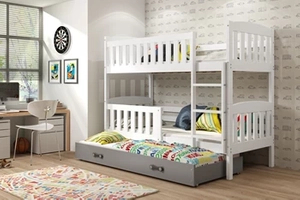 Lit ado superposé 3 places Jacquot 90X190 avec matelas et tiroir, blanc/gris