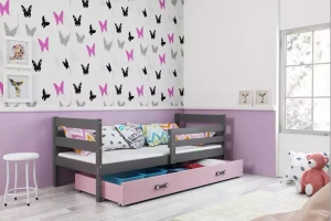 Lit ado simple Éric 90X190 avec matelas et tiroir, gris/rose