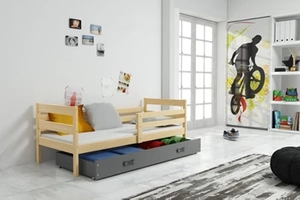 Lit ado simple Éric 90X200 avec matelas et tiroir, pin/gris